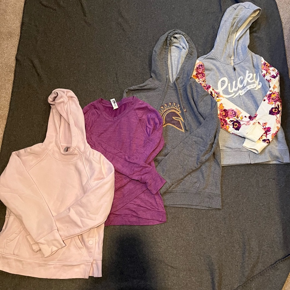 girls bundle of sweatshirts and sweaters from athleta and lucky.